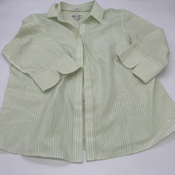 Chicos No Iron  Button Down Shirt Striped Shimmer Slit 3/4 Sleeve Top Large - Picture 1 of 3